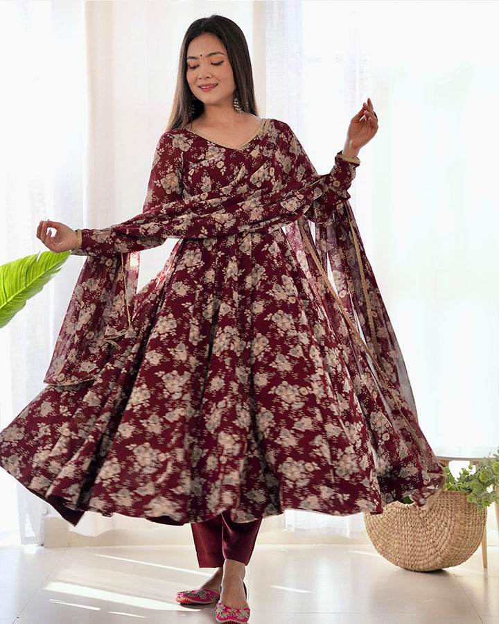 Dark Maroon Floral Printed Georgette Anarkali Suit