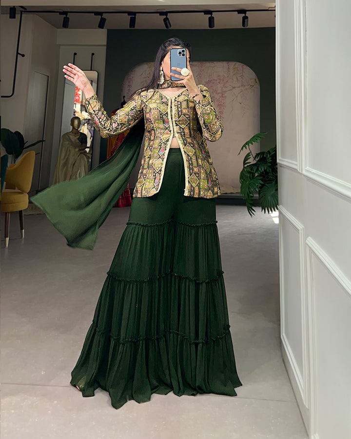Mehndi Color Jacquard Silk Kurti With Georgette Plazzo Suit
