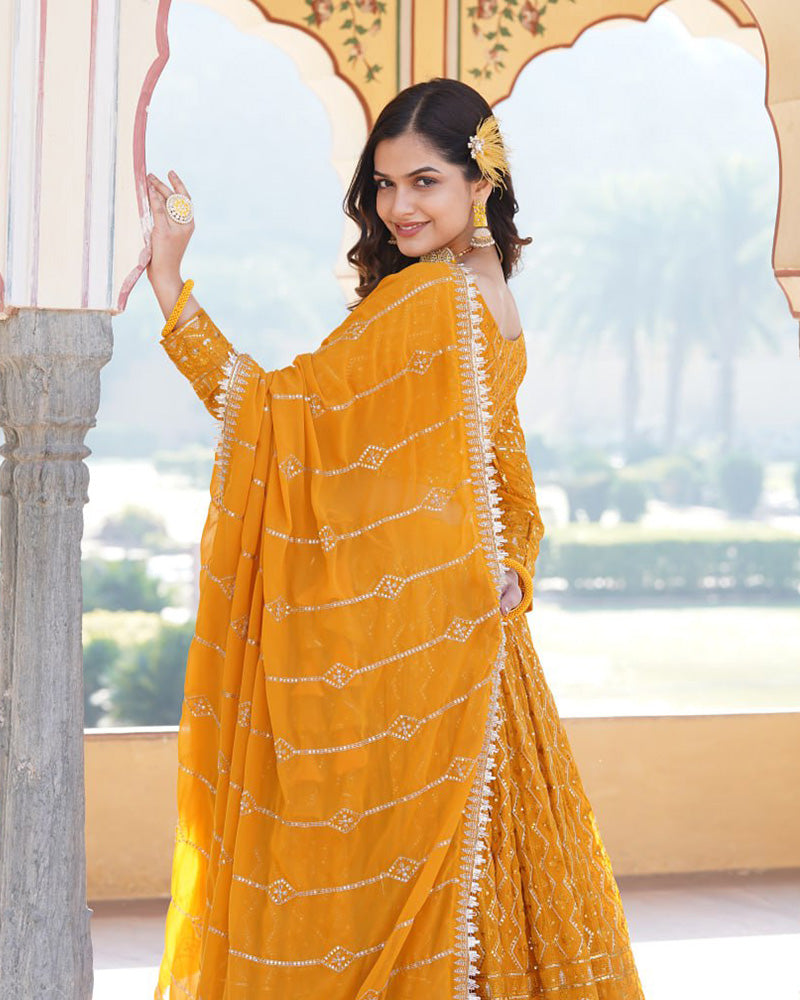 Latest Design Yellow Color Georgette Semi Stitched Lehenga Choli