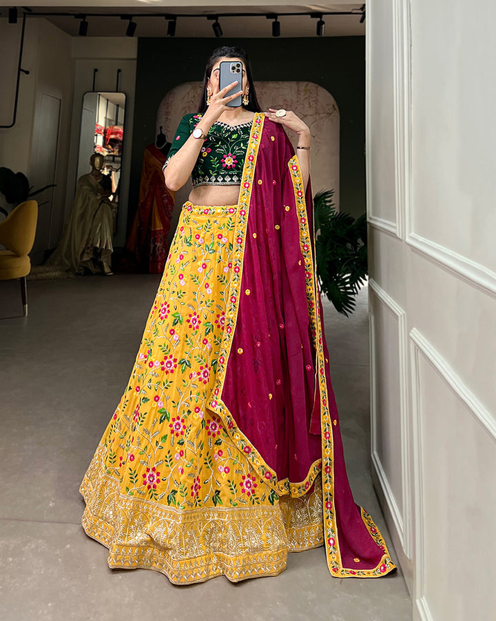 Yellow Color Sequence Embroidery Georgette Lehenga Choli