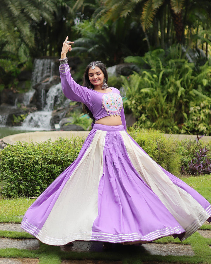 Navratri Wear Lavender And white Color Rayon And Cotton Lehenga Choli