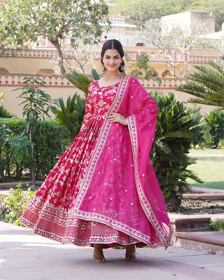 Beautiful Pink Color Viscose Jacquard Gown With Russian Silk Dupatta