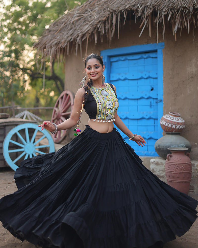 Black Color Rayon Frill And Embroidered Navratri Lehenga