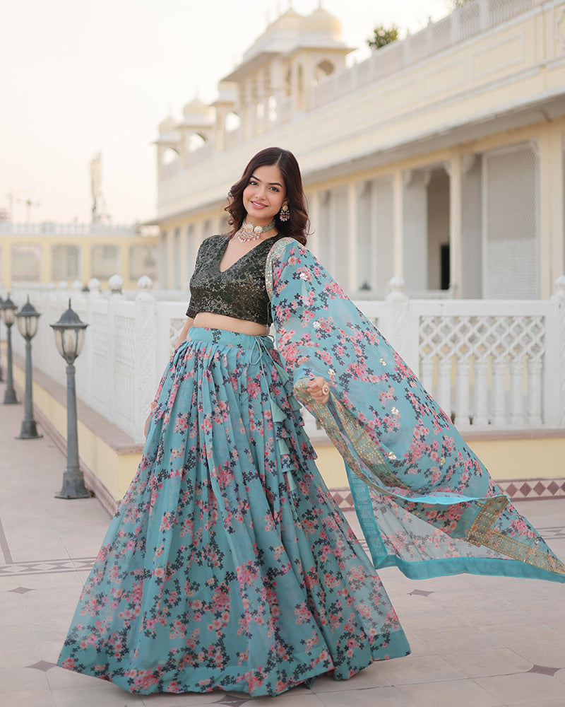 Designer Sky Blue Russian Silk Printed Lehenga Choli