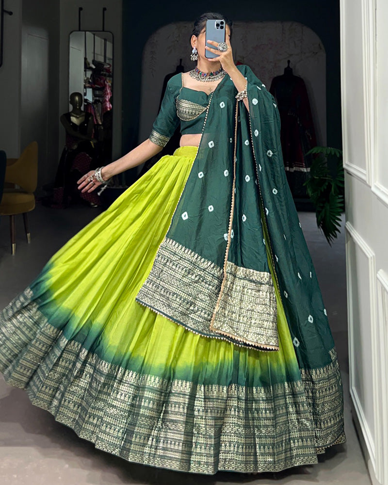 Parrot Color Chanderi Navratri lehenga Choli With Bandhej Dupatta