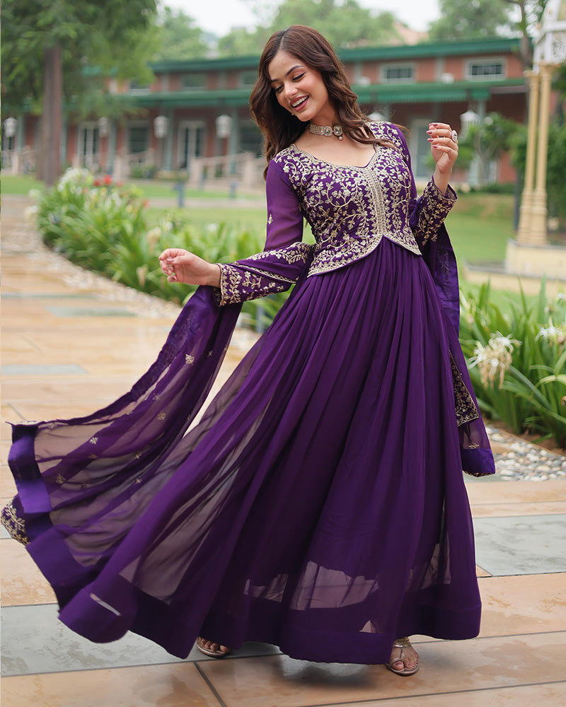 Designer Purple Color Anarkali Gown With Embroidery Dupatta