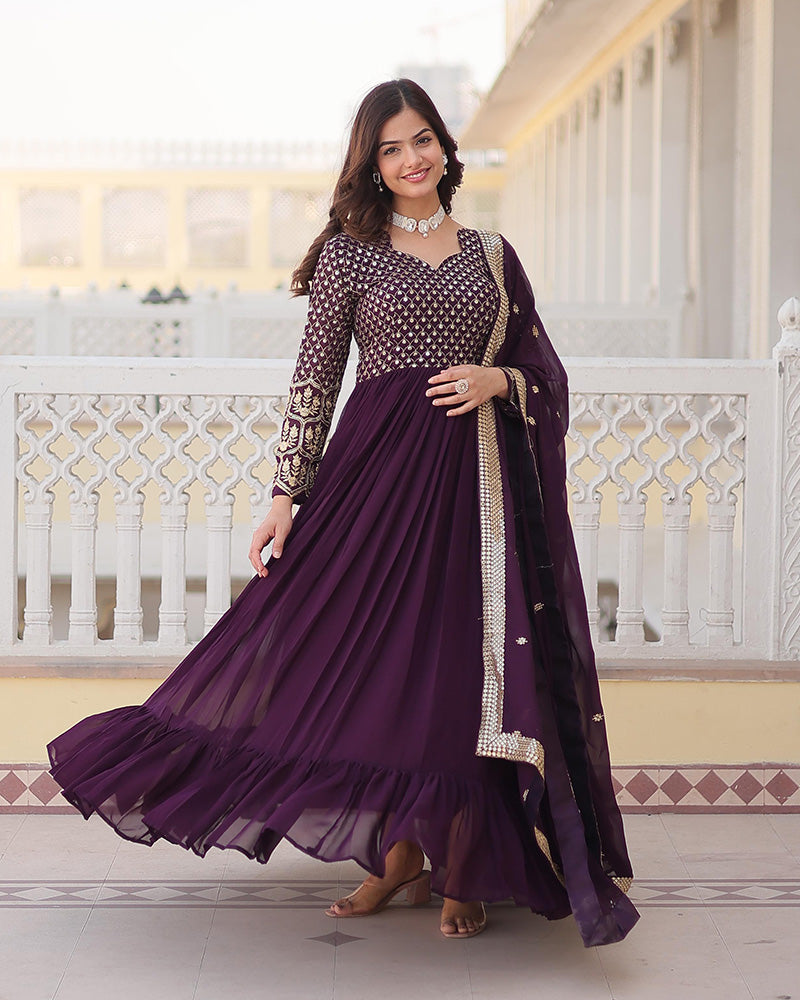 Beautiful Wine Color Blooming Anarkali Gown With Embroidered Dupatta