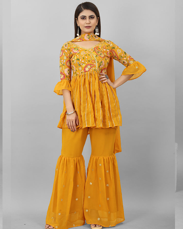 Mustard yellow Color Faux Georgette Three Piece Sharara Suit