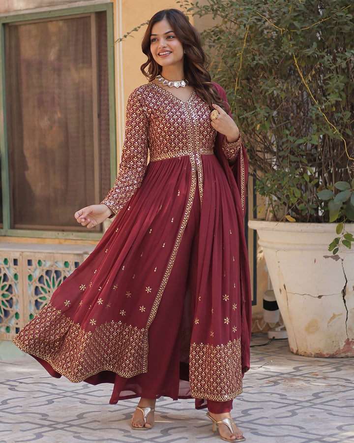 Brown Color Georgette Embroidered Sharara Suit