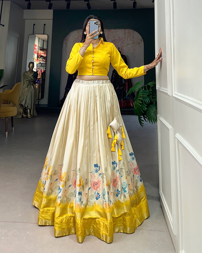 Yellow Color Fully Stitched Dola Silk Lehenga Choli