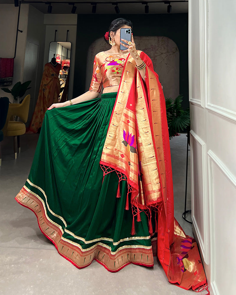 Green Color Vichitra Silk Paithani Lehenga Choli