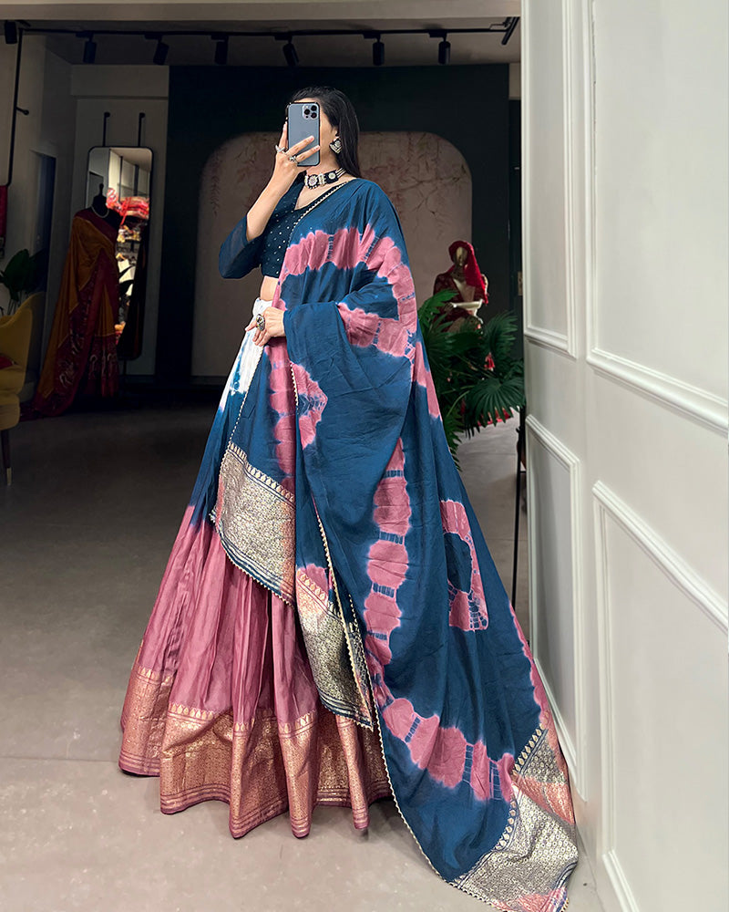 Firozi Color Pure Chanderi Shibori print lehenga Choli