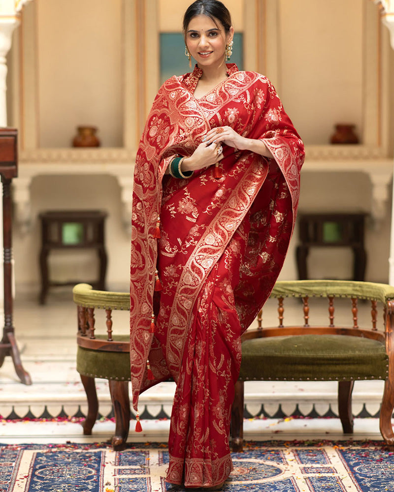 Designer Red Color Jacquard Weaving Banarasi Silk Saree