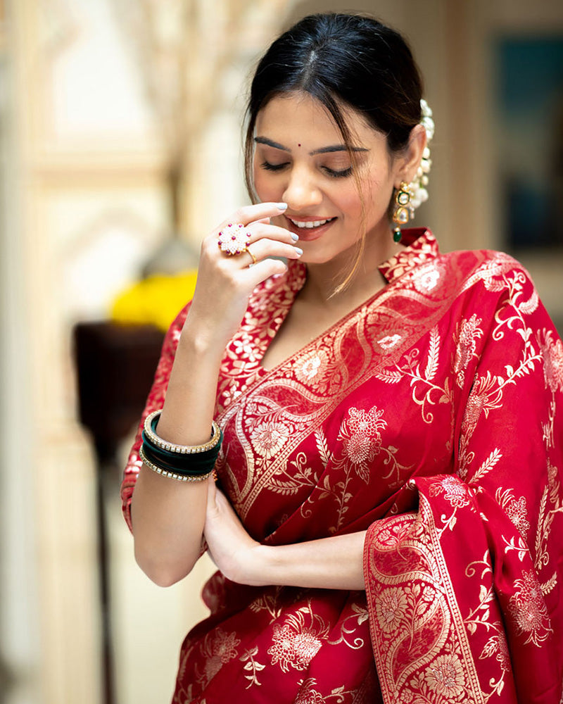 Designer Red Color Jacquard Weaving Banarasi Silk Saree