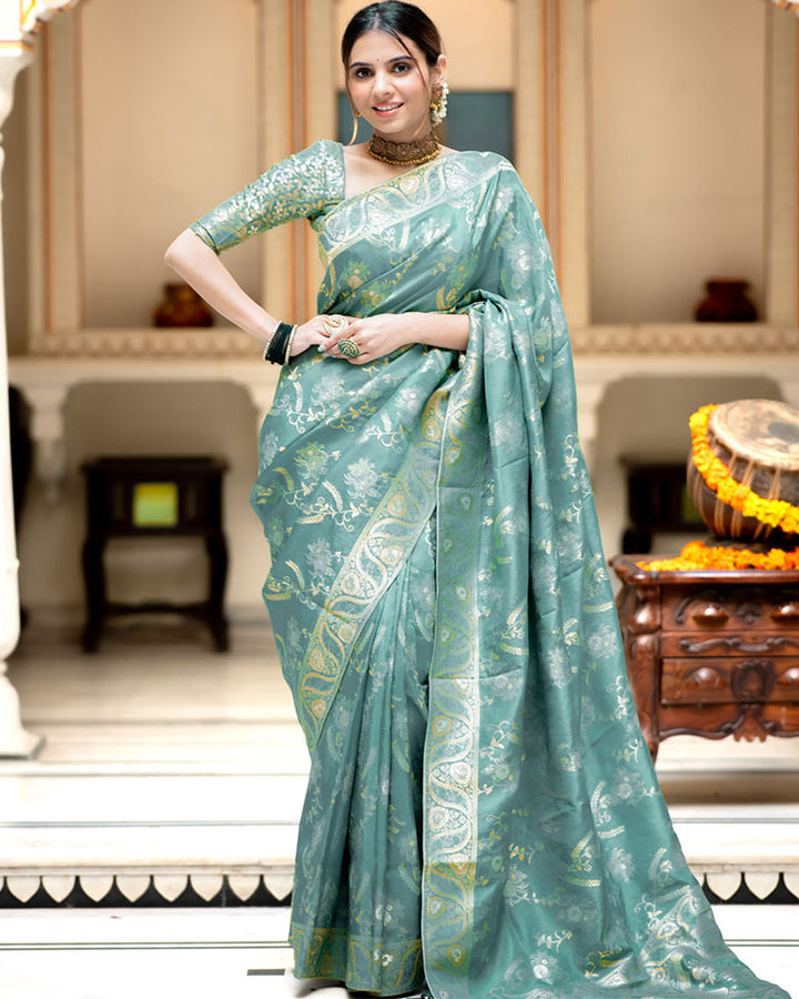 Designer Sky Color Jacquard Weaving Banarasi Silk Saree