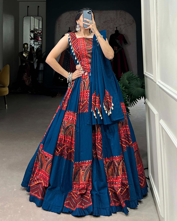 Blue Color Cotton Print And Foil Work Navratri Lehenga Choli