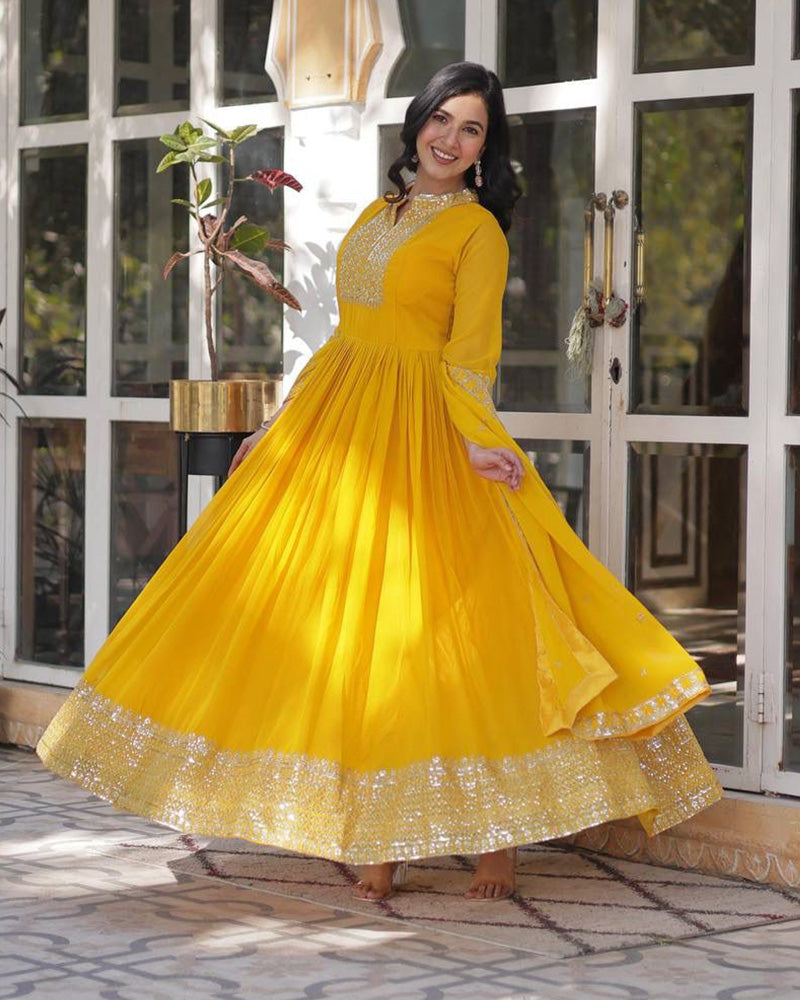 Designer Yellow Color Gown With Sequence Embroidered Dupatta