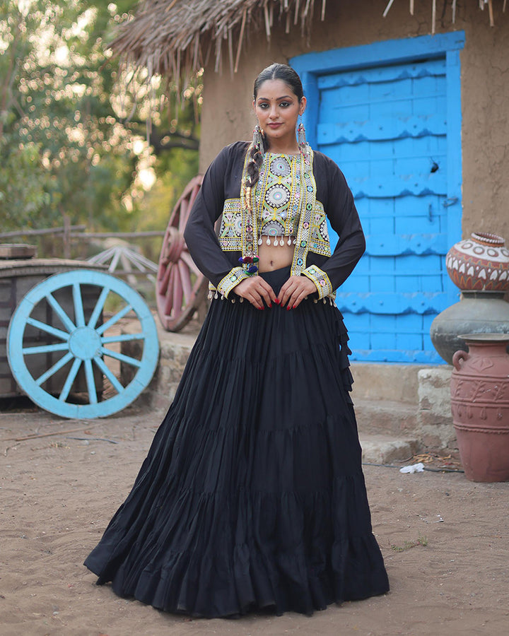 Black Color Rayon Frill And Embroidered Navratri Lehenga