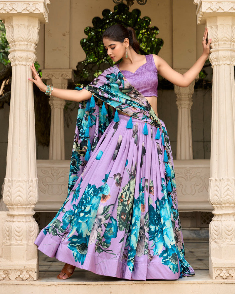 Lavender Color Floral Printed Tussar Silk Lehenga Choli