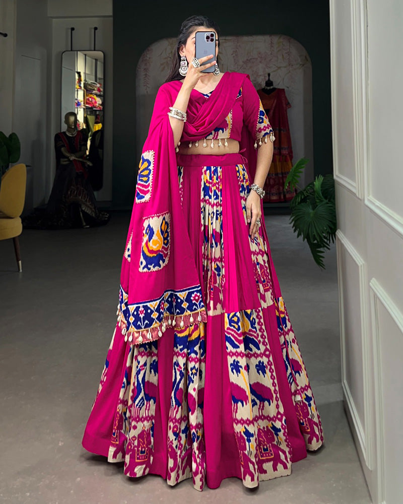 Pink Color Rayon Printed Silk Navratri Lehenga Choli