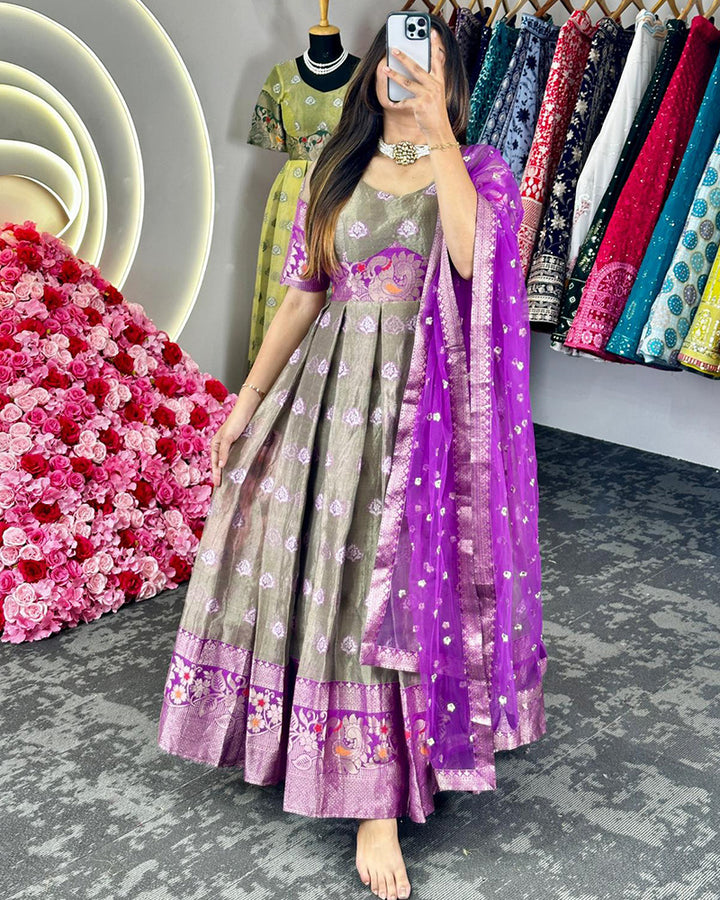 Purple Color Kota Silk Jacquard Gown With Dupatta