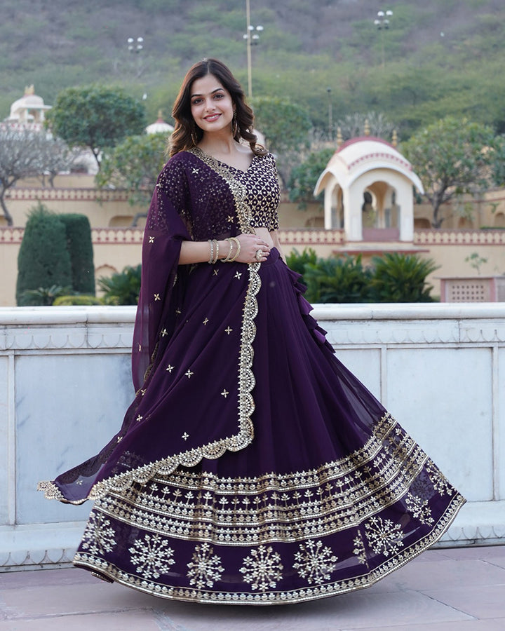 New Design Wine Color Georgette Lehenga Choli With Beautiful Dupatta