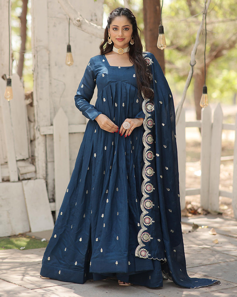 Beautiful Rama Color Shimmer Gown With Embroidered Dupatta