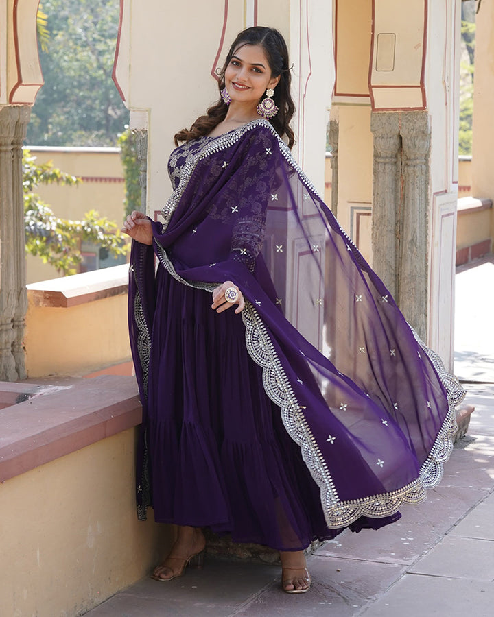 Designer Purple Color Faux Blooming Frill Anarkali Gown With Dupatta