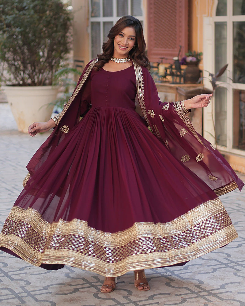 Designer Royal Maroon Color Gown With Sequence Embroidered Dupatta