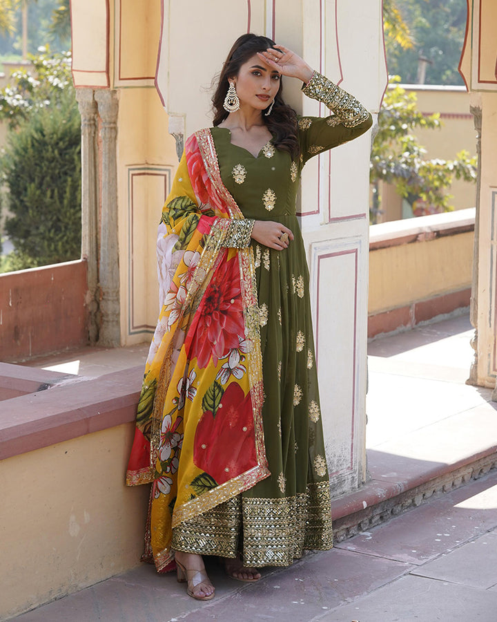 Beautiful Mehendi Color Sequence Embroidered Anarkali Gown