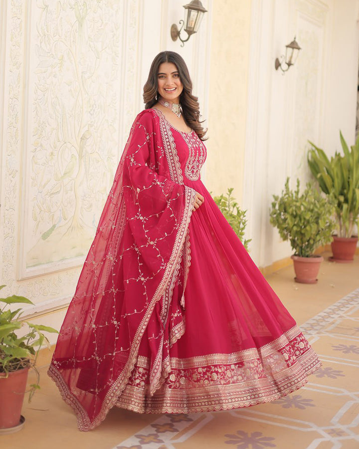 Exclusive Design Pink Color Anarkali Gown With Sequence Embroidery Dupatta