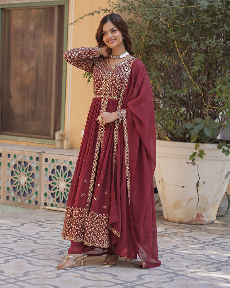 Brown Color Georgette Embroidered Sharara Suit