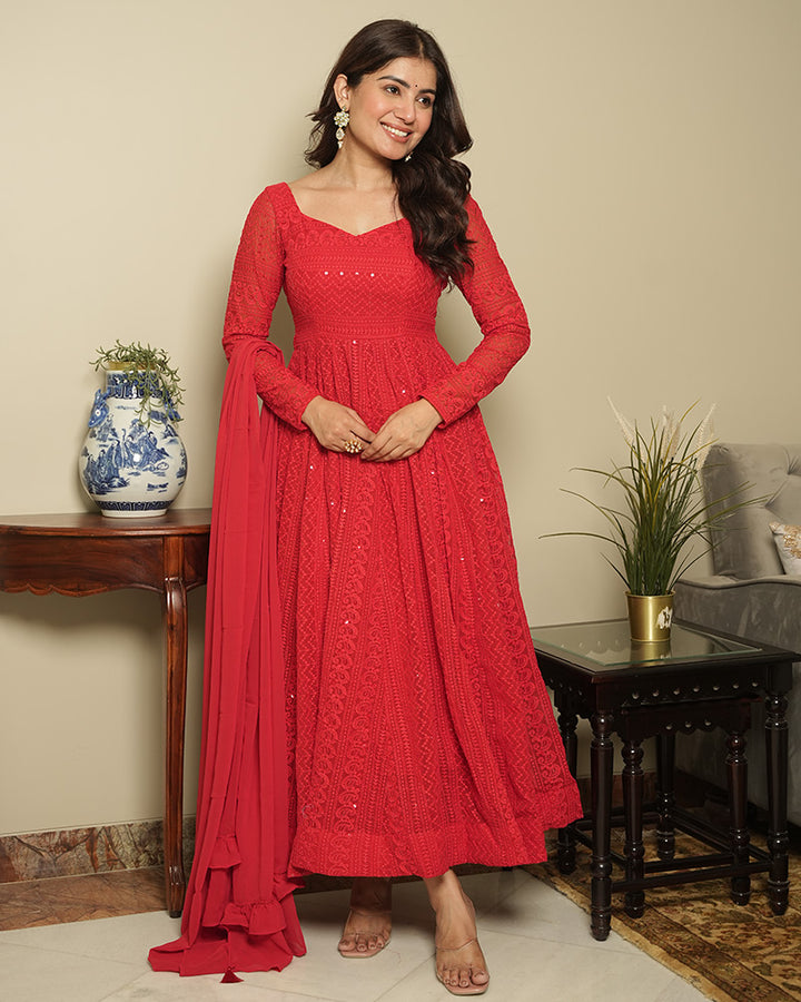 Red Color Soft Georgette Embroidered Lucknowi Anarkali Suit