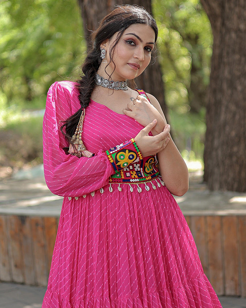 Navratri Special Pink Color Georgette kutchi Patche Work Gown