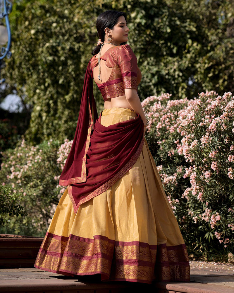 Designer Cream Color Kanchipuram Silk Lehenga Choli