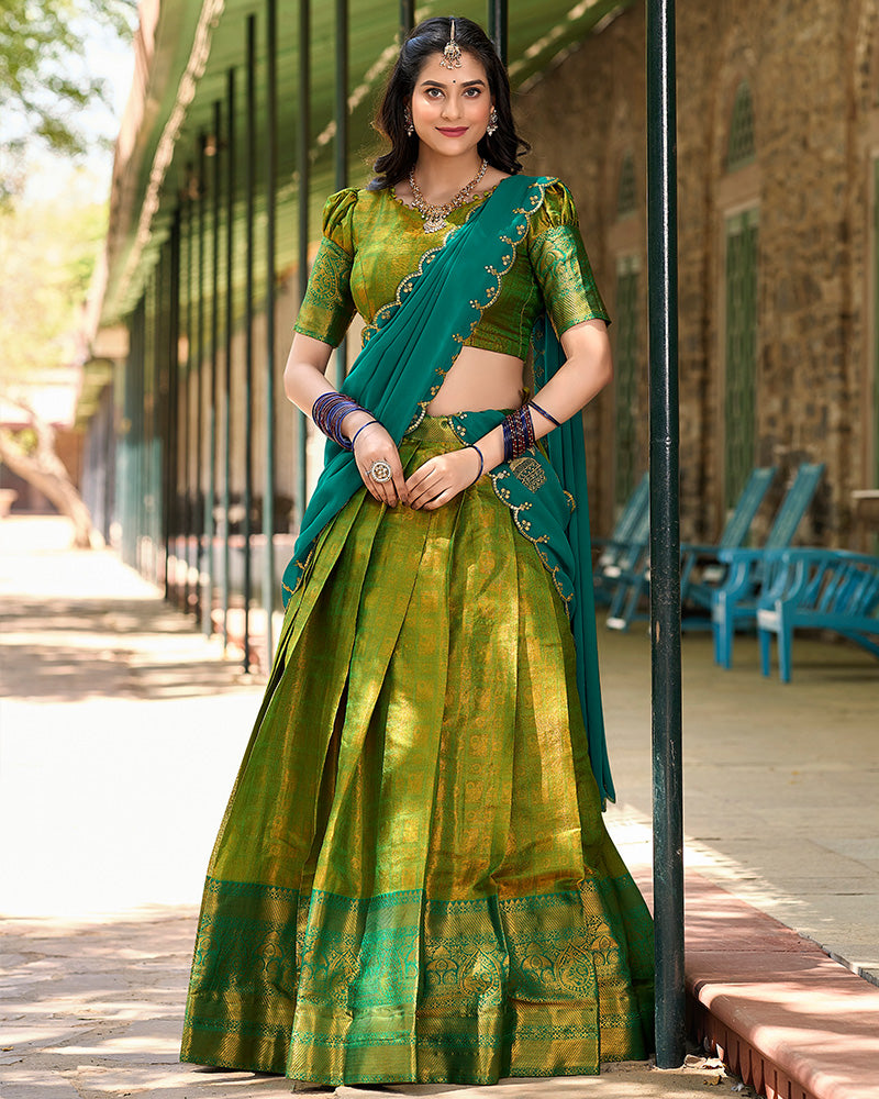 Designer Parrot Green Color Kanjivaram Lehenga Choli With Georgette Dupatta