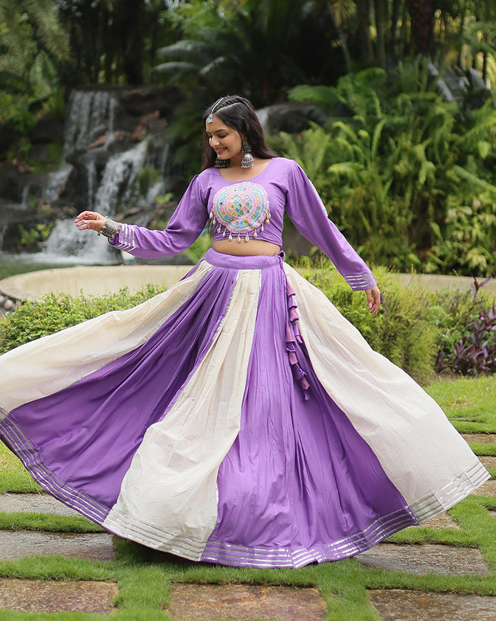 Navratri Wear Lavender And white Color Rayon And Cotton Lehenga Choli