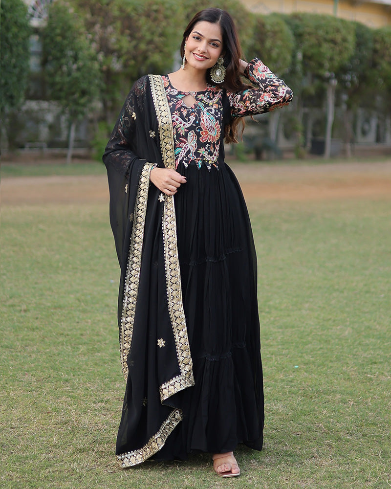 Designer Black Color Georgette Frill Anarkali Gown With Dupatta