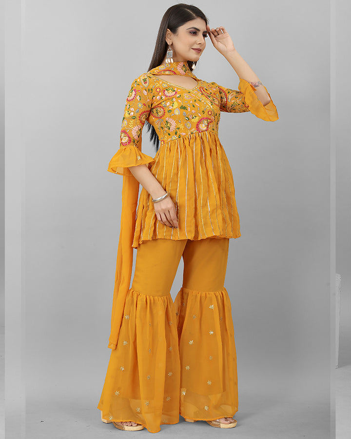 Mustard yellow Color Faux Georgette Three Piece Sharara Suit