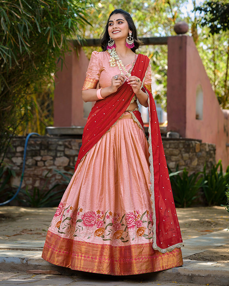 Designer Peach Color Cotton Silk Lehenga Choli