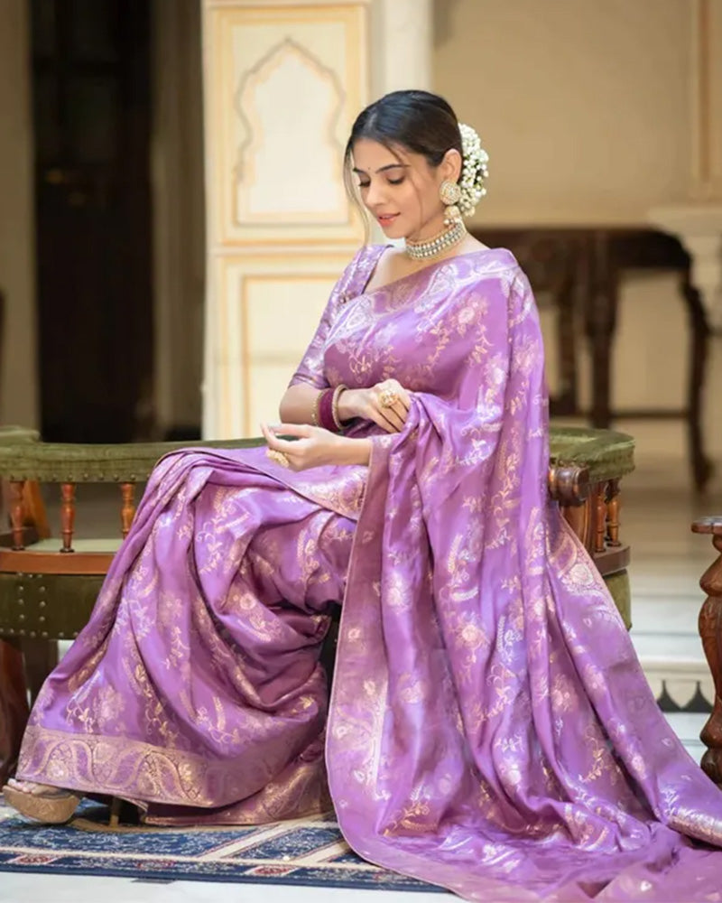 Designer Lavender Color Jacquard Weaving Banarasi Silk Saree