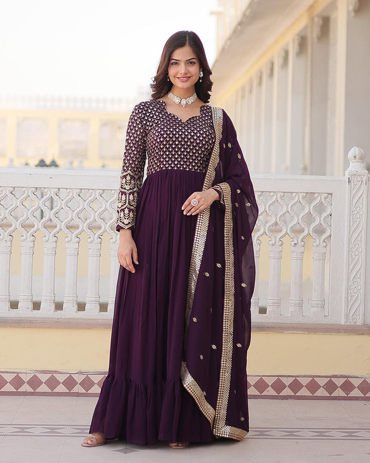 Beautiful Wine Color Blooming Anarkali Gown With Embroidered Dupatta