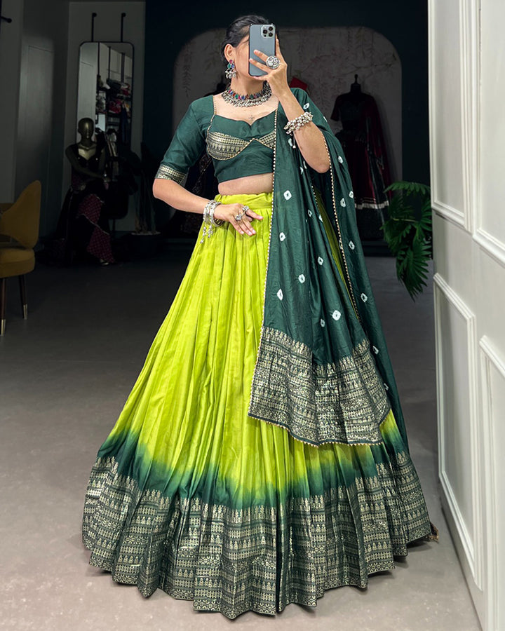 Parrot Color Chanderi Navratri lehenga Choli With Bandhej Dupatta