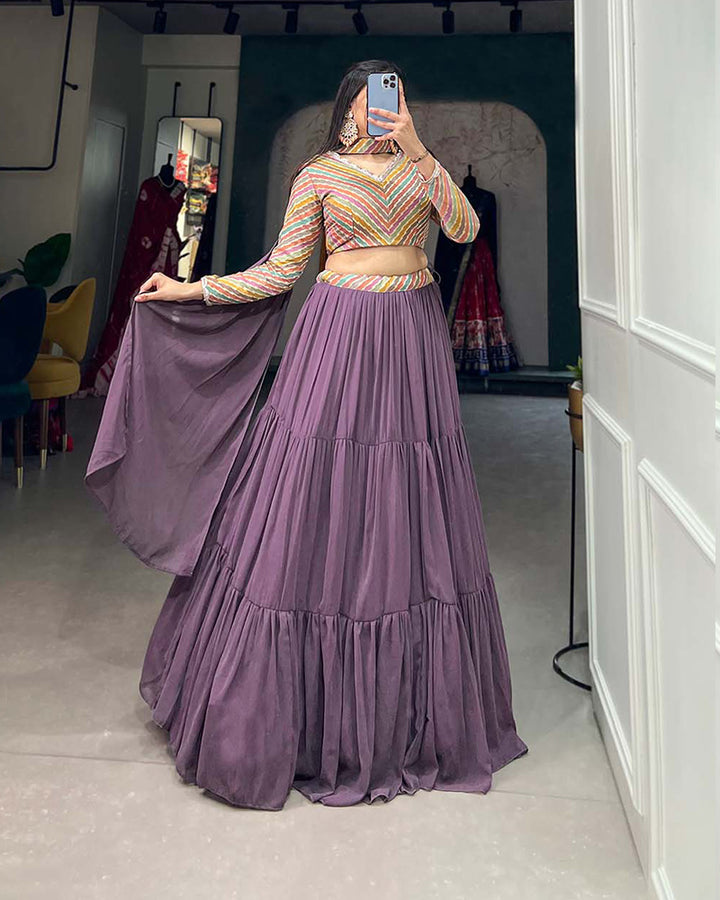 Lavender Color Georgette Designer Three Layer Lehenga Choli