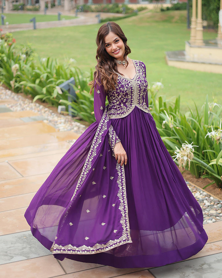 Designer Purple Color Anarkali Gown With Embroidery Dupatta