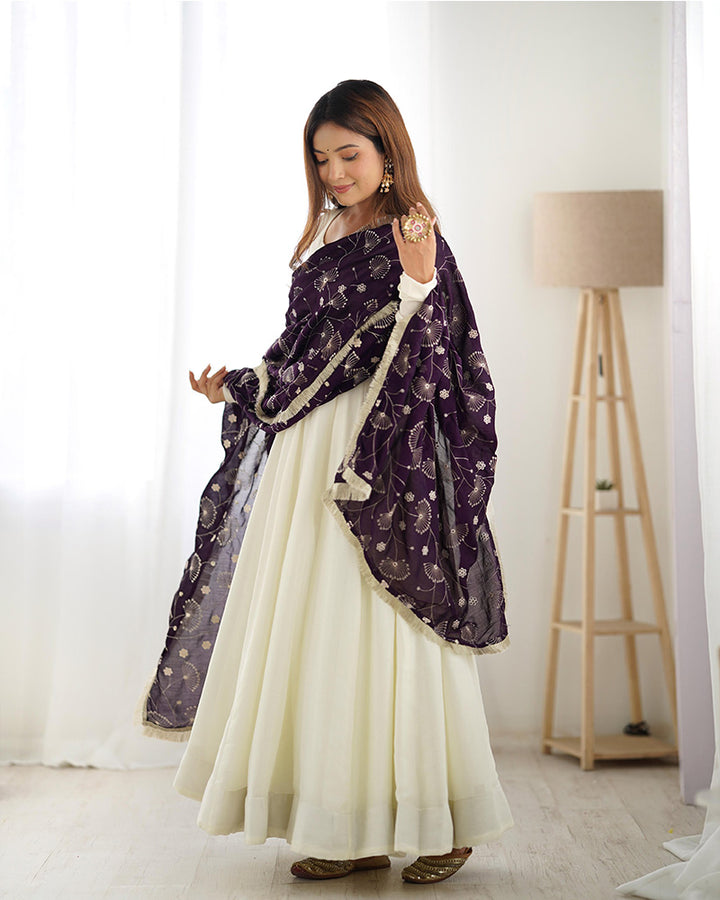 Dark Purple Dupatta With White Color Soft Silk Anarkali