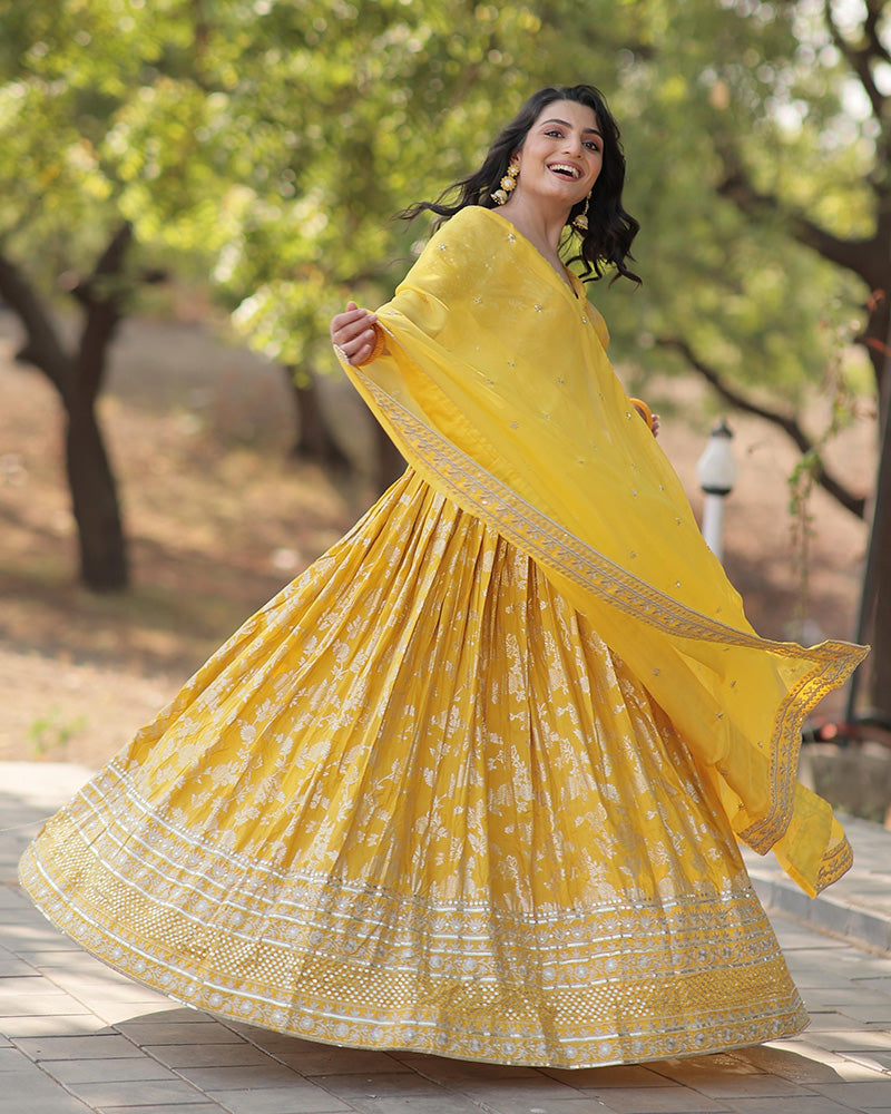 Yellow Color Designer Pure Dyable Viscose Jacquard Lehenga Choli