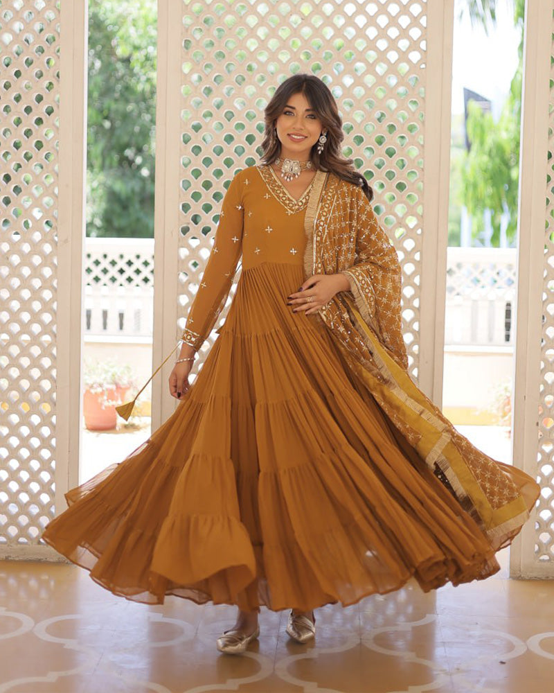 Designer Mustard Color Anarkali Gown With Embroidery Dupatta