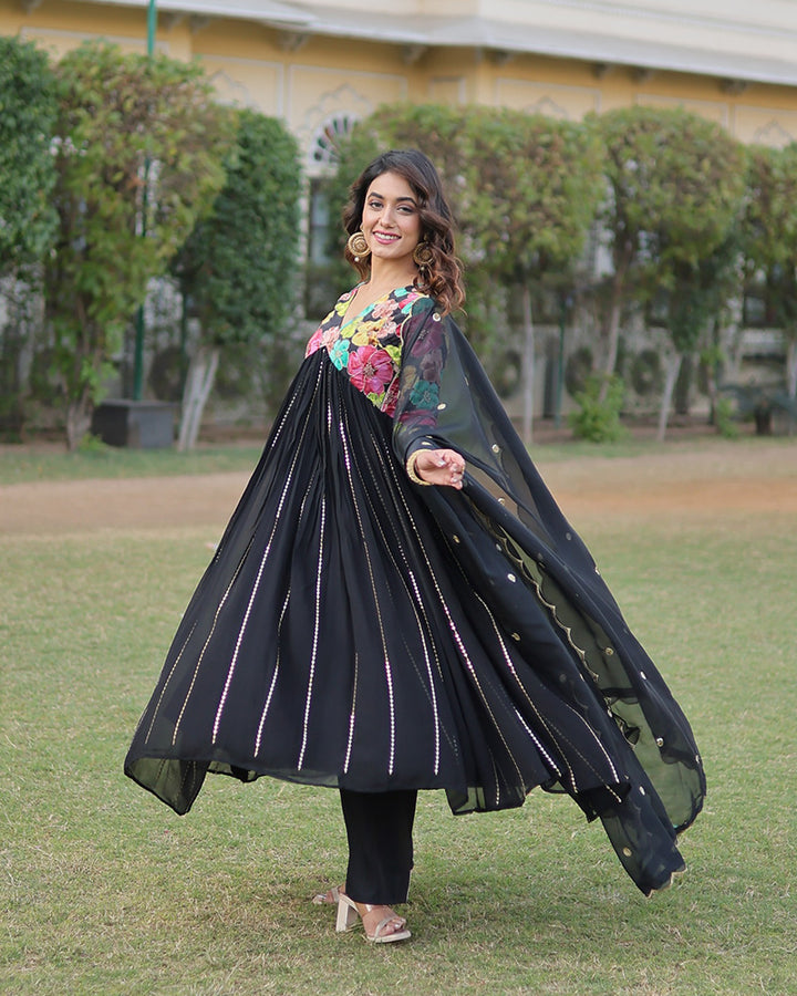 Beautiful Black Color Alia Cut Three Piece Anarkali Suit