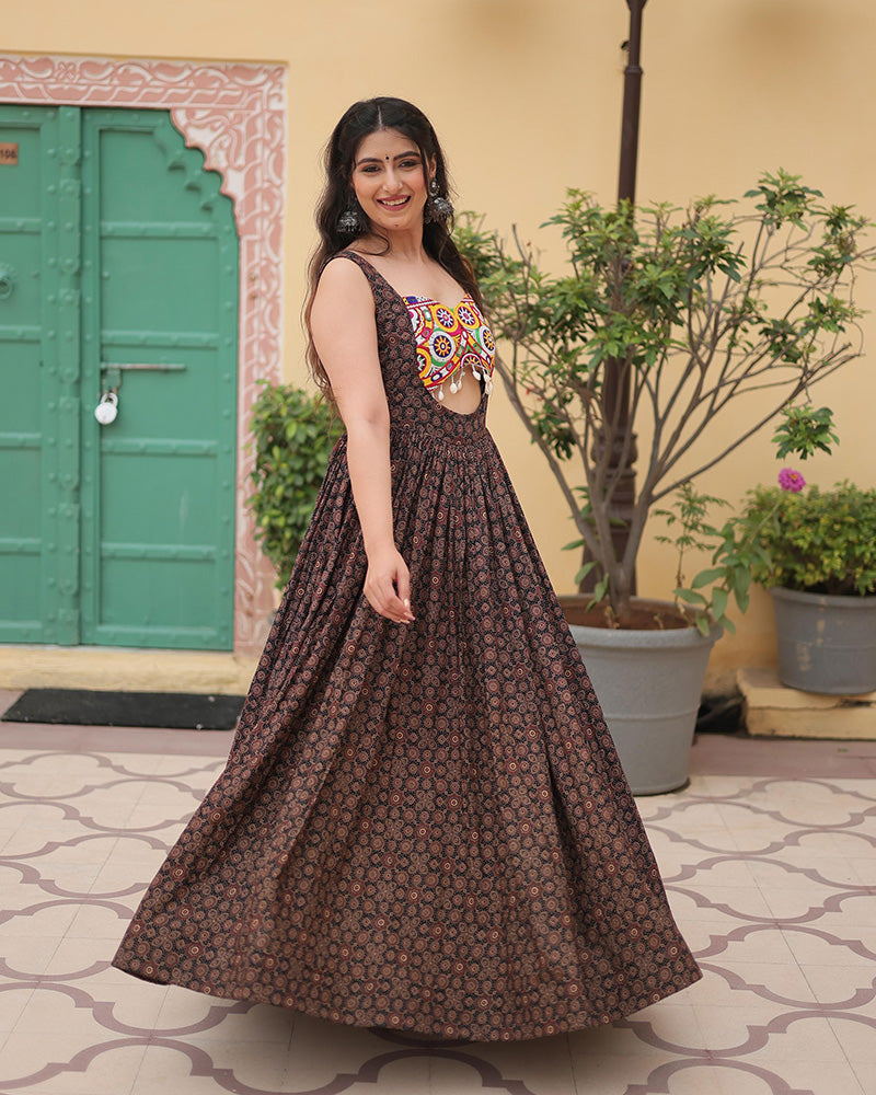 Navratri Special Black Color Cotton Printed Gown